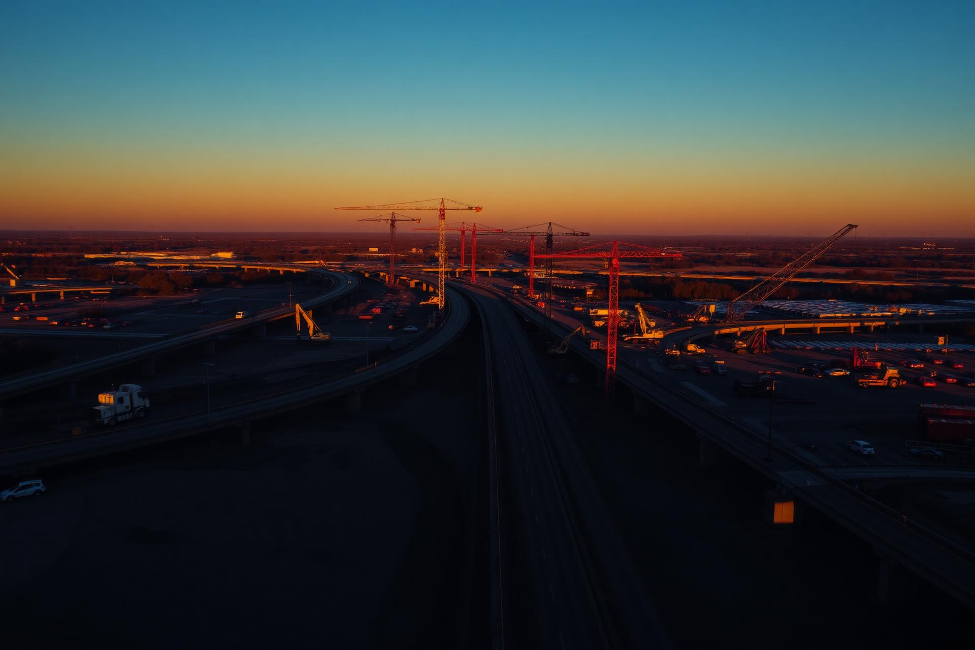 Aerial view of major civil infrastructure construction site at dusk